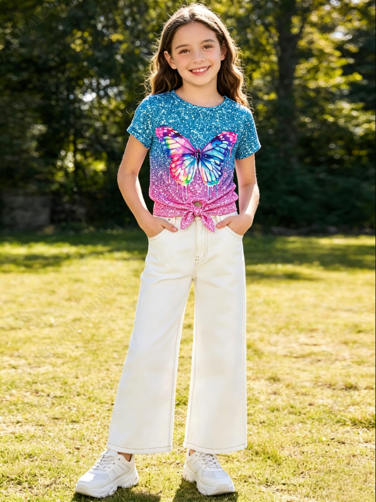 Lanbubble Girls Graphic T-Shirt Tie Dye Kids Short Sleeve Tee Shirt Tie Front Tops 7-12 Years