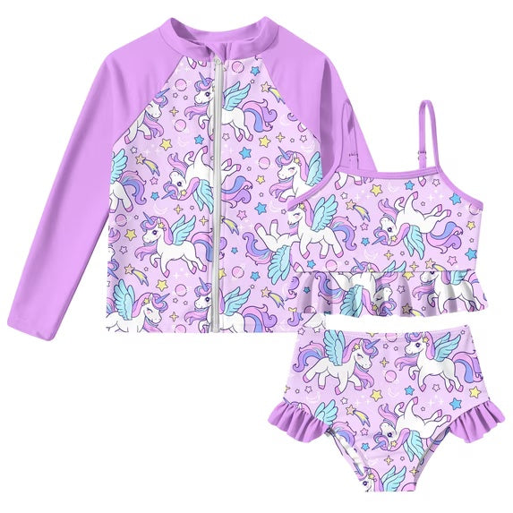 Lanbubble Girls 3 Piece Swimsuit Set Long Sleeve Rash Guard Tankini Bathing Suits Beach Swimwear