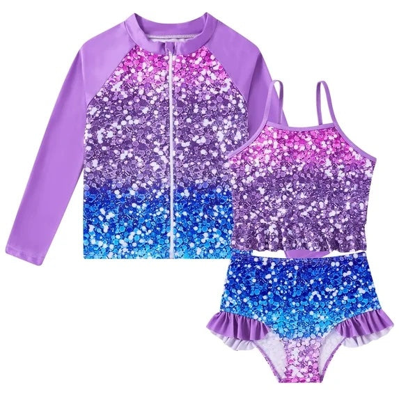 Lanbubble Girls 3 Piece Swimsuit Set Long Sleeve Rash Guard Tankini Bathing Suits Beach Swimwear