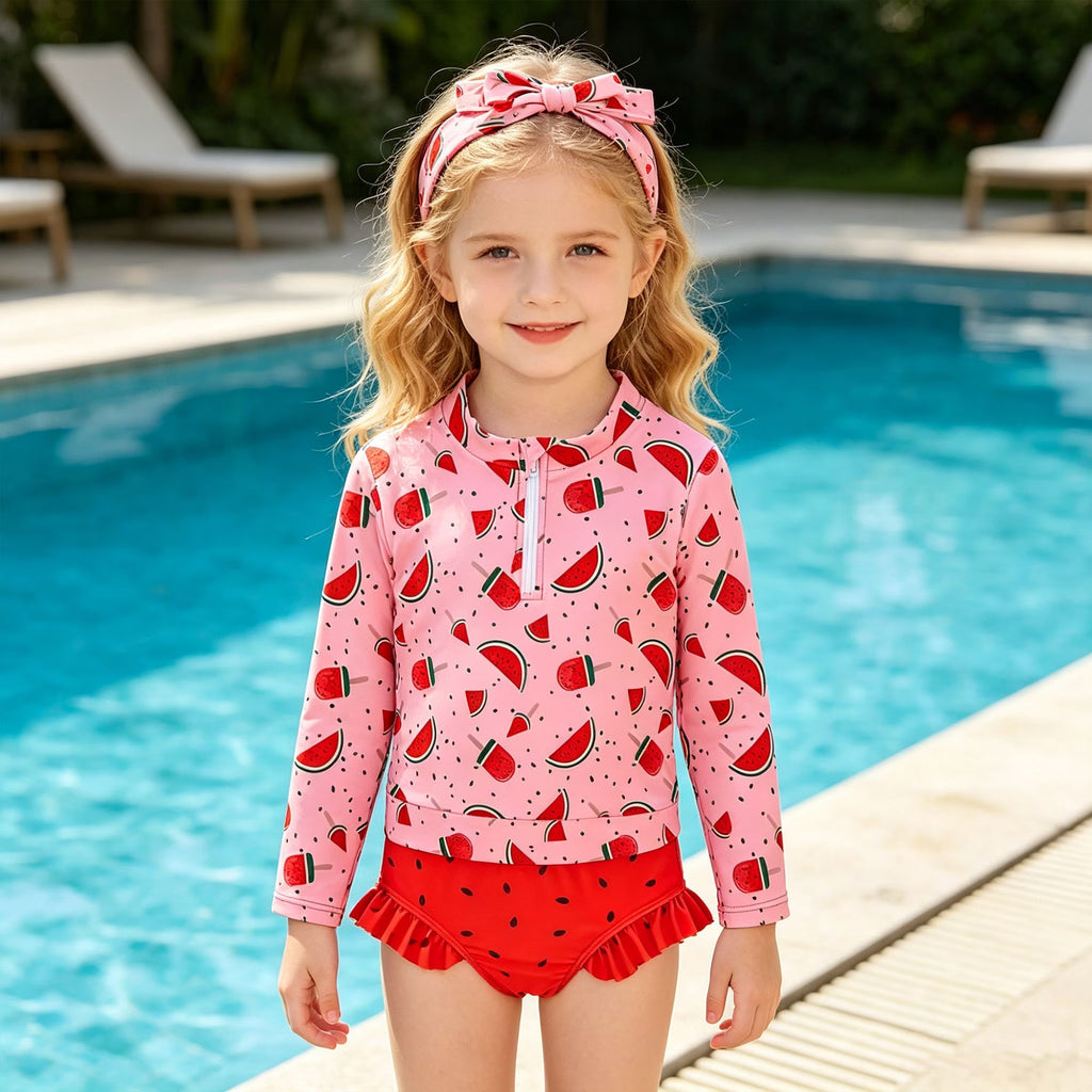 Toddler Girls 4 Piece Swimsuit Long Sleeve Rash Guard Ruffle Tankini Set Bathing Suit With Headband Little Girls 2-6T
