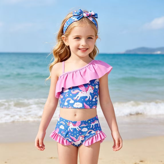 Toddler Girls 4 Piece Swimsuit Long Sleeve Rash Guard Ruffle Tankini Set Bathing Suit With Headband Little Girls 2-6T