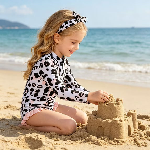 Toddler Girls 4 Piece Swimsuit Long Sleeve Rash Guard Ruffle Tankini Set Bathing Suit With Headband Little Girls 2-6T