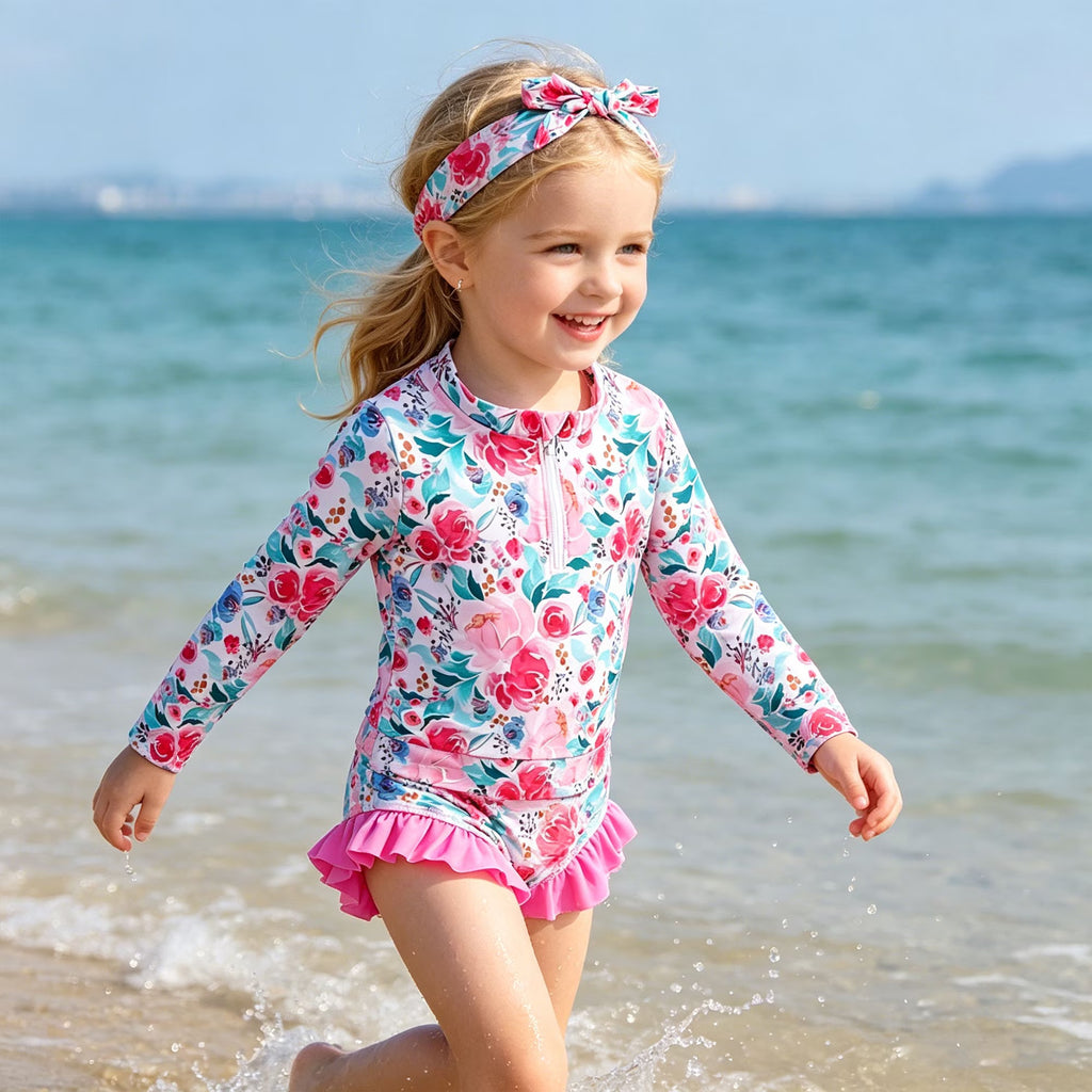 Toddler Girls 4 Piece Swimsuit Long Sleeve Rash Guard Ruffle Tankini Set Bathing Suit With Headband Little Girls 2-6T