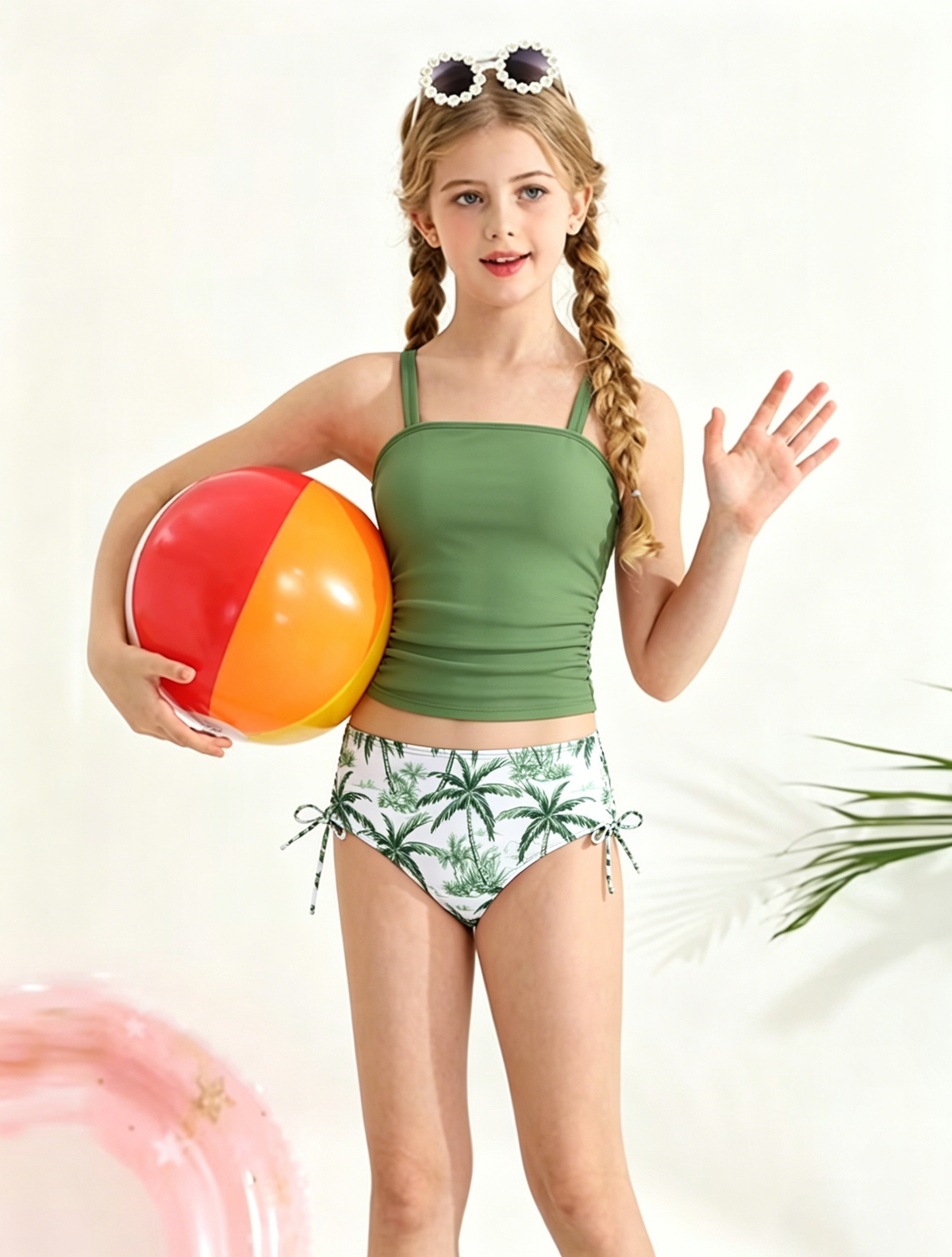 Lanbubble Girls Tankini Swimsuits for Teens 2 Piece Padded Bathing Suit Drawstring Swimwear Set 9-16T