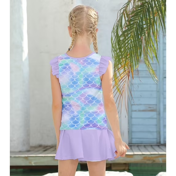 Lanbubble Girls Tankini Swimsuit Set Ruffle Sleeve 2-Pieces Bathing Suit Mermaid 8-9 Years