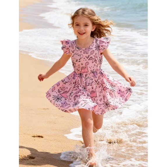 Lanbubble Toddler Girls Dress Summer Casual Sundress Ruffle Flutter Sleeveless Dinosaur Dresses 5-6 Years