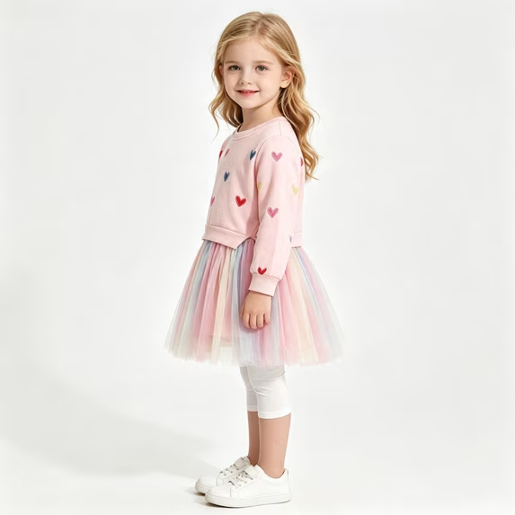 Lanbubble Girls Dresses Long Sleeve Sweat Party Dress With Sequin Tulle Skirt 3-7 Years