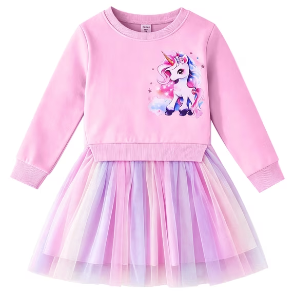 Lanbubble Girls Dresses Long Sleeve Sweat Party Dress With Sequin Tulle Skirt 3-7 Years