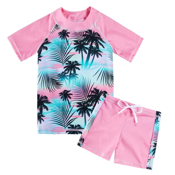 Lanbubble Girls Rash Guard Swimsuit Set Short Sleeve UPF 50+ 2 Pieces Bathing Suit 5-6 Years
