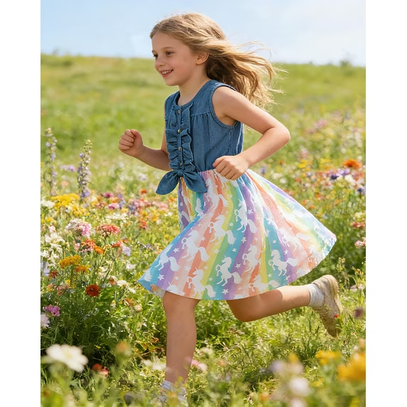 Lanbubble Girls Dresses Sleeveless Denim Dress Ruffle Bowknot Front A-Line Casual Sundress Rainbow Unicorn Dress for Kids 2-8T