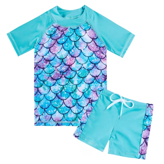 Lanbubble Girls Rash Guard Swimsuit Set Short Sleeve UPF 50+ 2 Pieces Bathing Suit 5-6 Years