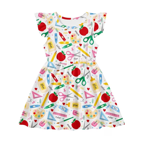 Lanbubble Toddler Girls Dress Summer Casual Sundress Ruffle Flutter Sleeveless Dinosaur Dresses 5-6 Years