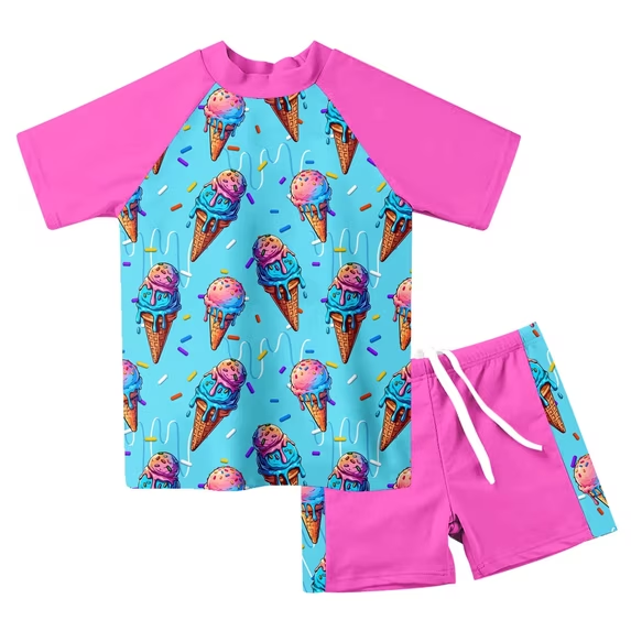 Lanbubble Girls Rash Guard Swimsuit Set Short Sleeve UPF 50+ 2 Pieces Bathing Suit 5-6 Years
