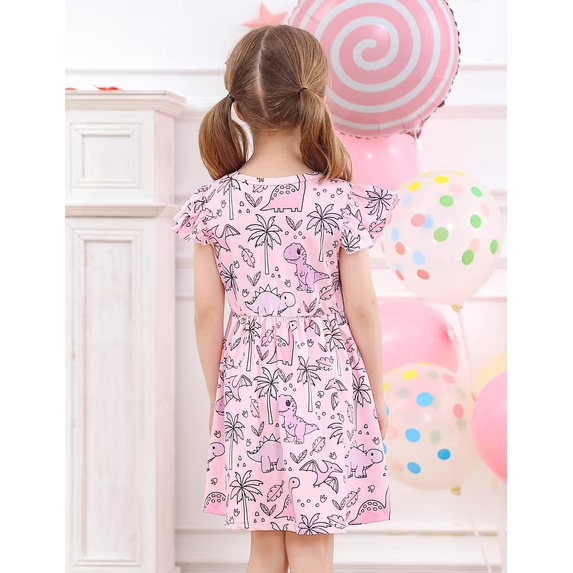 Lanbubble Toddler Girls Dress Summer Casual Sundress Ruffle Flutter Sleeveless Dinosaur Dresses 5-6 Years