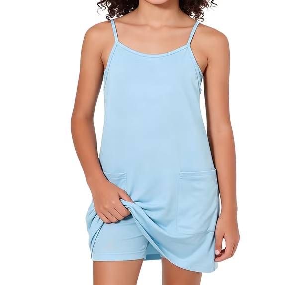 Lanbubble Girls Dress with Shorts Casual Spaghetti Straps Romper Dresses with Pockets 8-14 Years
