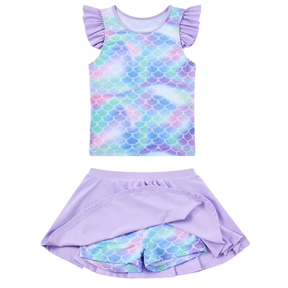 Lanbubble Girls Tankini Swimsuit Set Ruffle Sleeve 2-Pieces Bathing Suit Mermaid 8-9 Years
