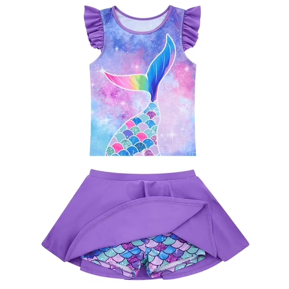Lanbubble Girls Tankini Swimsuit Set Ruffle Sleeve 2-Pieces Bathing Suit Mermaid 8-9 Years