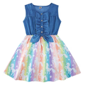 Lanbubble Girls Dresses Sleeveless Denim Dress Ruffle Bowknot Front A-Line Casual Sundress Rainbow Unicorn Dress for Kids 2-8T