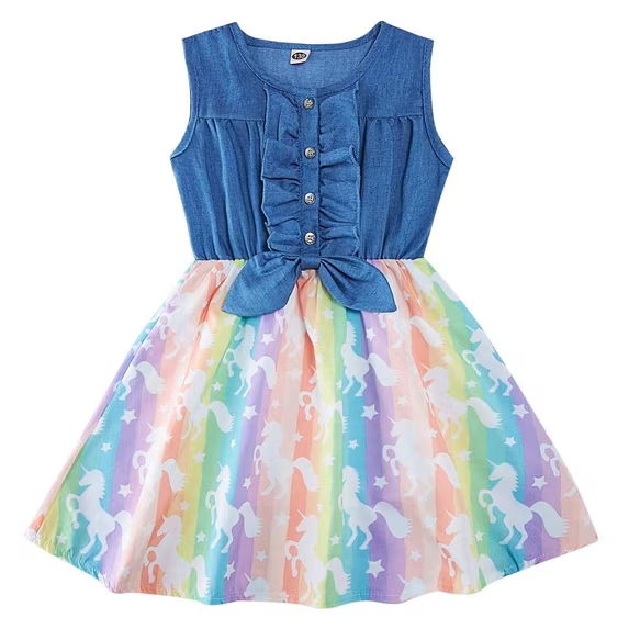 Lanbubble Girls Dresses Sleeveless Denim Dress Ruffle Bowknot Front A-Line Casual Sundress Rainbow Unicorn Dress for Kids 2-8T