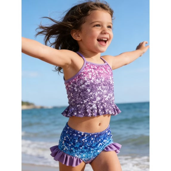 Lanbubble Girls 3 Piece Swimsuit Set Long Sleeve Rash Guard Tankini Bathing Suits Beach Swimwear