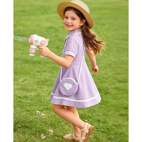 Lanbubble Toddler Girls Sporty Tennis Dress With Bag Short Sleeve Casual Polo Dress Purple Dress For Girls 3-7 Years