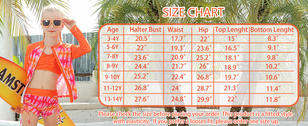 Lanbubble Girls Swimsuit 3-Piece Zip Long Sleeve Rash Guard Bathing Suits Bikini Boyshort Set Summer Swimwear 7-14Y