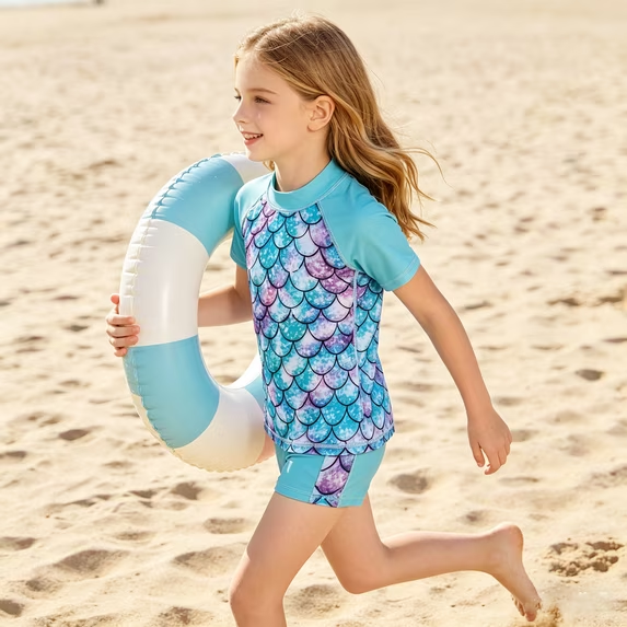 Lanbubble Girls Rash Guard Swimsuit Set Short Sleeve UPF 50+ 2 Pieces Bathing Suit 5-6 Years