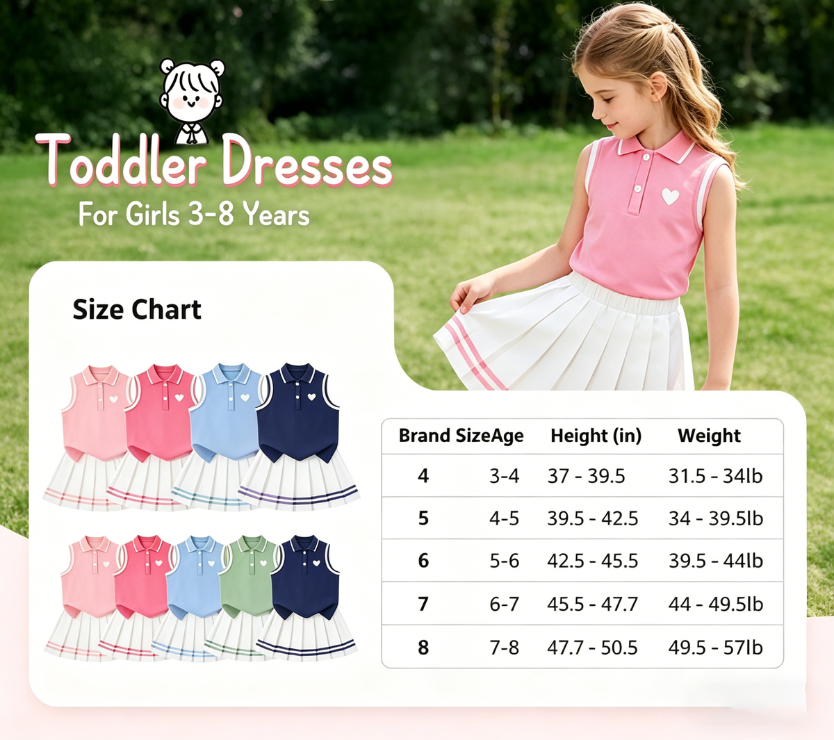 Lanbubble Tennis Dresses for Girls Polo Collar Active Dress with Built in Shorts Toddler Skirt Sets Size 3-7Y