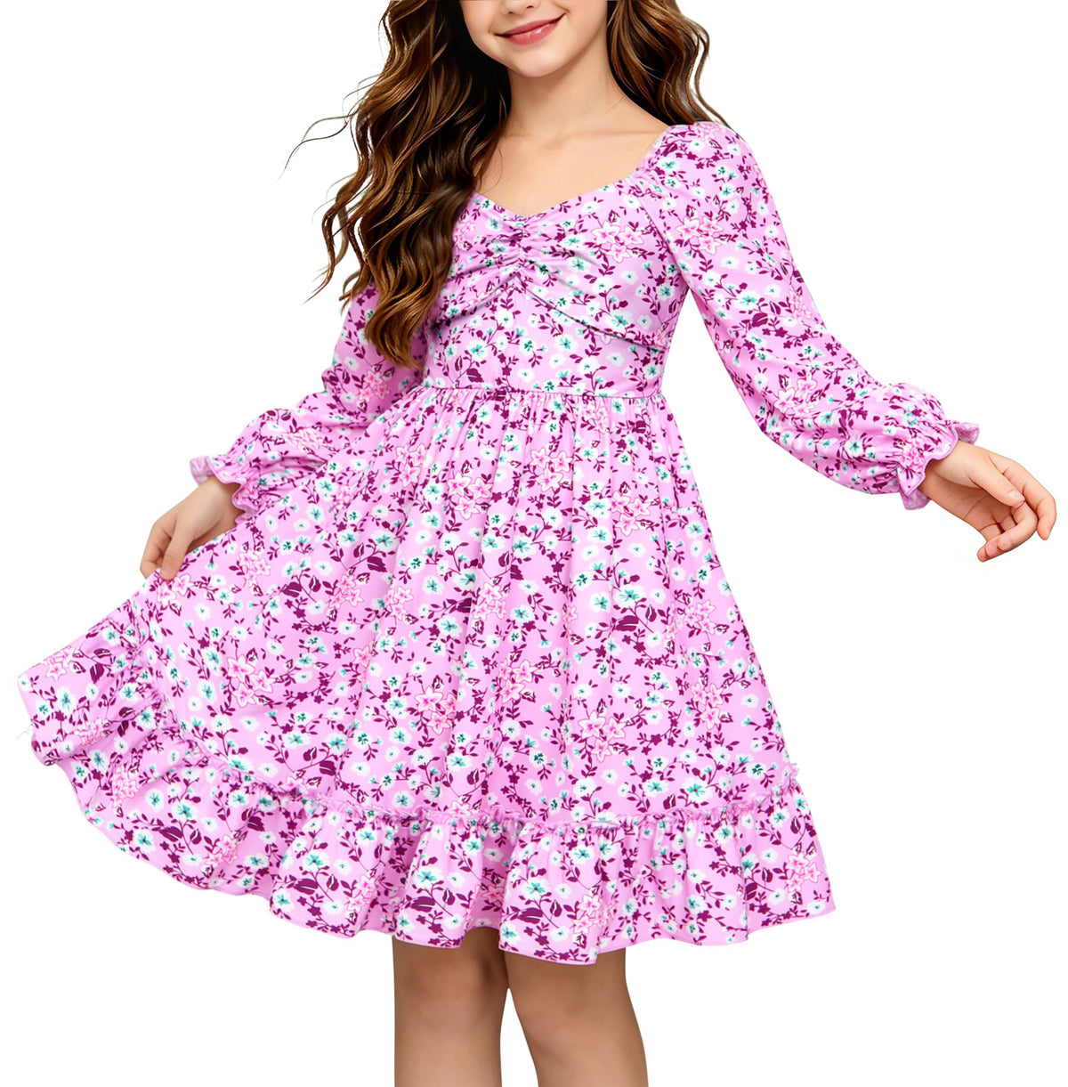 Lanbubble Girls Fall Dress Long Sleeve Floral Tiered Casual Flowy Dresses Square Neck A Line 7-14Y