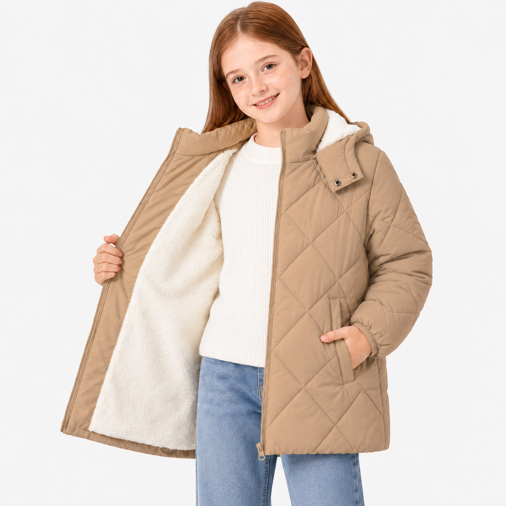 Lanbubble Girls Fleece Lined Hooded Puffer Jacket Winter Coat, Warm Outerwear with Pockets, Sizes 5-12 Years