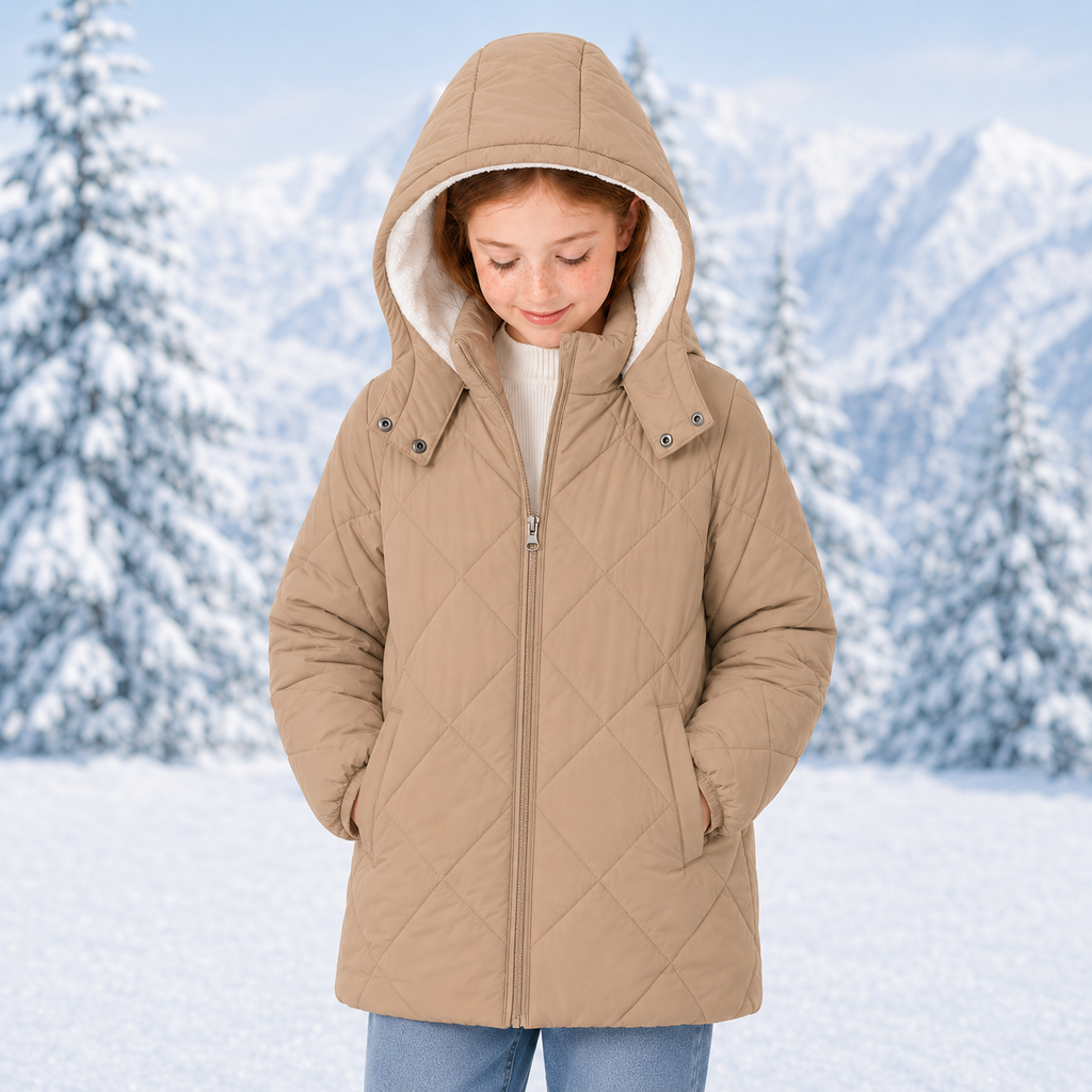 Lanbubble Girls Fleece Lined Hooded Puffer Jacket Winter Coat, Warm Outerwear with Pockets, Sizes 5-12 Years