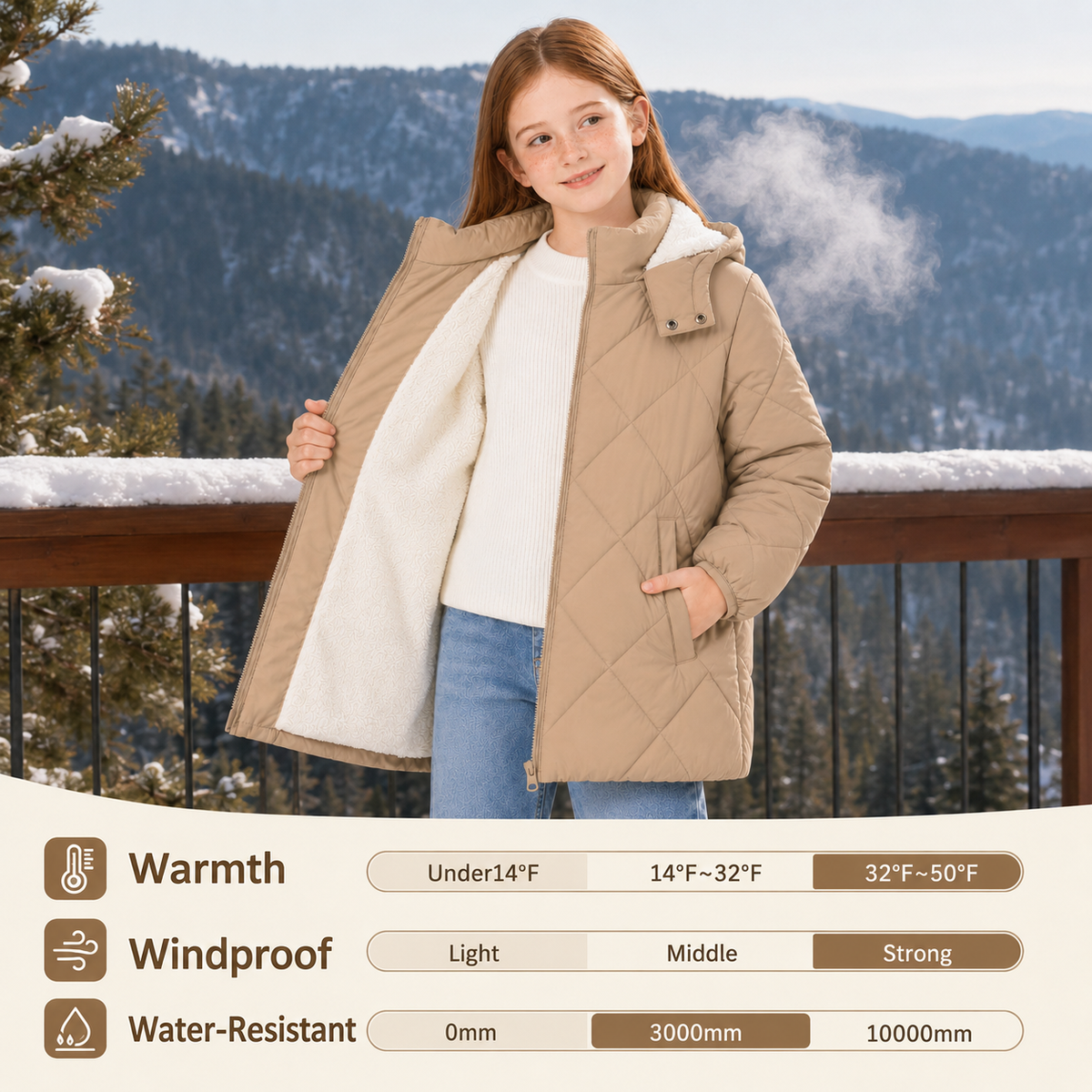 Lanbubble Girls Fleece Lined Hooded Puffer Jacket Winter Coat, Warm Outerwear with Pockets, Sizes 5-12 Years