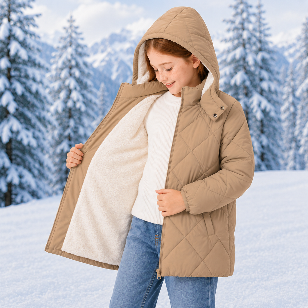 Lanbubble Girls Fleece Lined Hooded Puffer Jacket Winter Coat, Warm Outerwear with Pockets, Sizes 5-12 Years