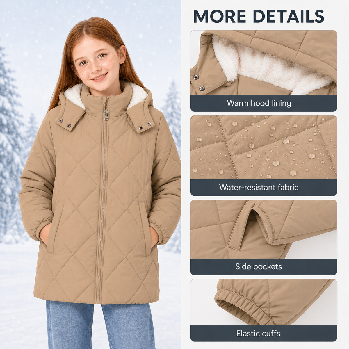 Lanbubble Girls Fleece Lined Hooded Puffer Jacket Winter Coat, Warm Outerwear with Pockets, Sizes 5-12 Years