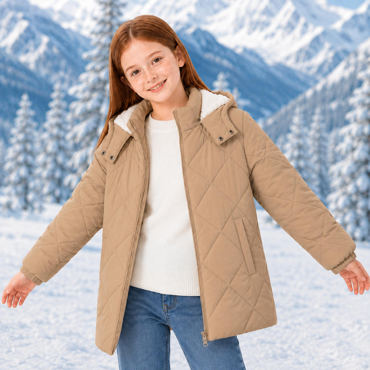 Lanbubble Girls Fleece Lined Hooded Puffer Jacket Winter Coat, Warm Outerwear with Pockets, Sizes 5-12 Years