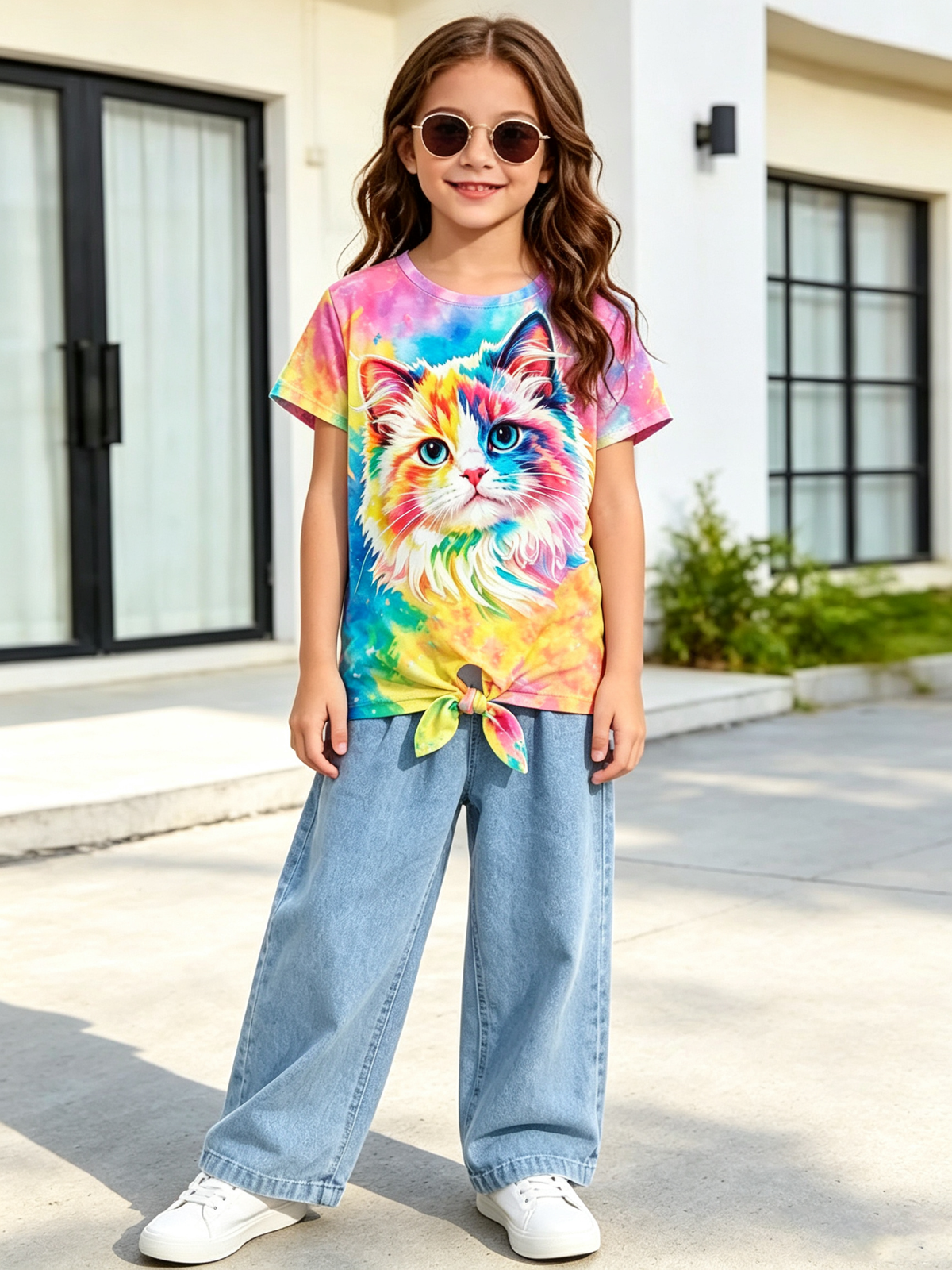 Lanbubble Girls Graphic T-Shirt Tie Dye Kids Short Sleeve Tee Shirt Tie Front Tops 7-12 Years