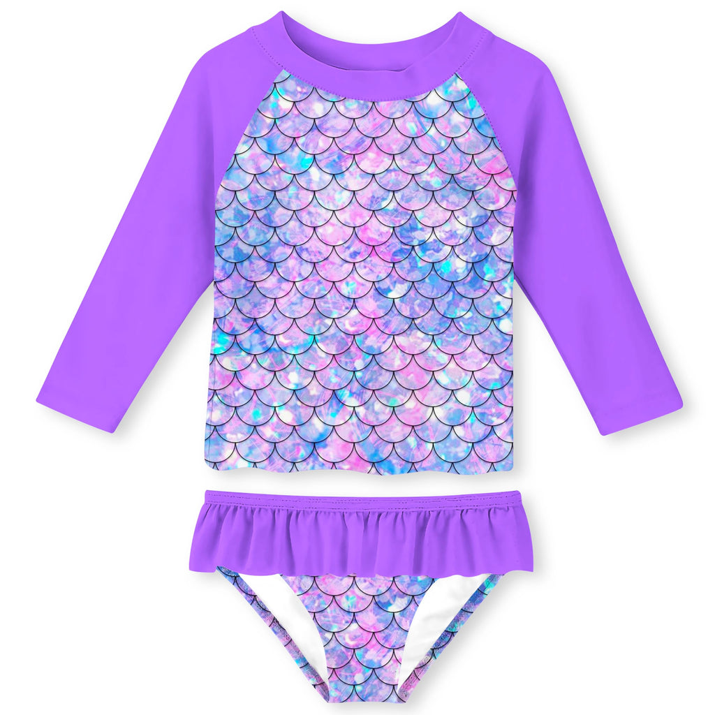 Lanbubble Toddler Girls Rash Guard Swimsuit Set Kids 2-Piece Bathing Suit UPF 50+ Long Sleeve Summer Beach Swimwear 2-9Y