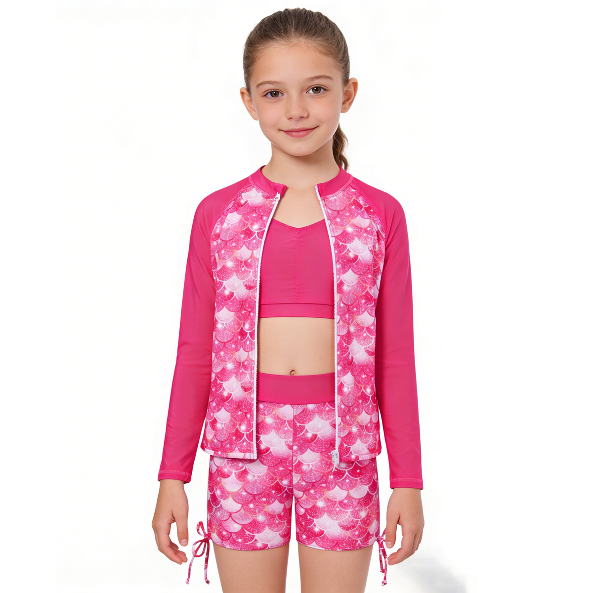Lanbubble Girls Swimsuit 3-Piece Zip Long Sleeve Rash Guard Bathing Suits Bikini Boyshort Set Summer Swimwear 7-14Y