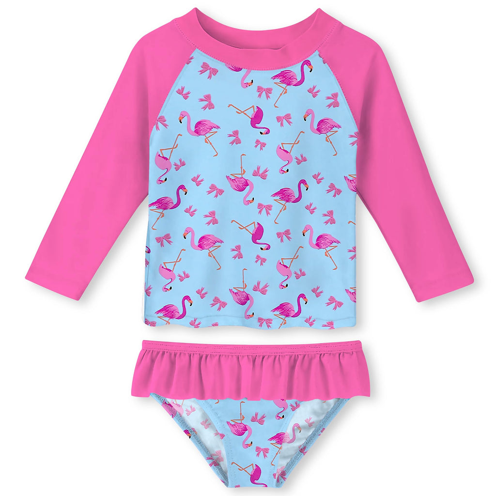 Lanbubble Toddler Girls Rash Guard Swimsuit Set Kids 2-Piece Bathing Suit UPF 50+ Long Sleeve Summer Beach Swimwear 2-9Y