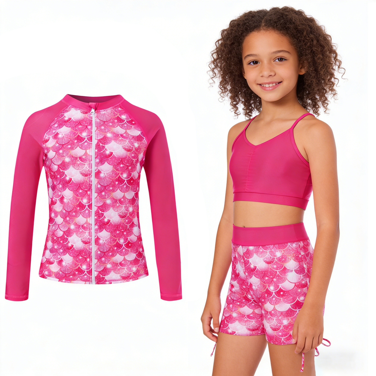 Lanbubble Girls Swimsuit 3-Piece Zip Long Sleeve Rash Guard Bathing Suits Bikini Boyshort Set Summer Swimwear 7-14Y