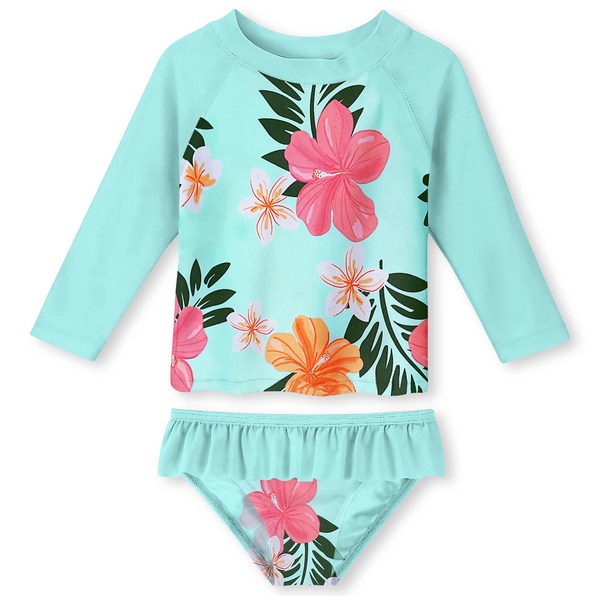 Lanbubble Toddler Girls Rash Guard Swimsuit Set Kids 2-Piece Bathing Suit UPF 50+ Long Sleeve Summer Beach Swimwear 2-9Y