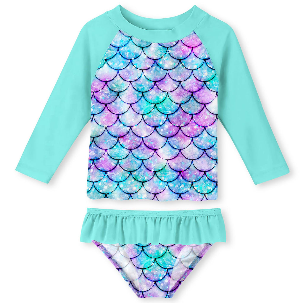 Lanbubble Toddler Girls Rash Guard Swimsuit Set Kids 2-Piece Bathing Suit UPF 50+ Long Sleeve Summer Beach Swimwear 2-9Y