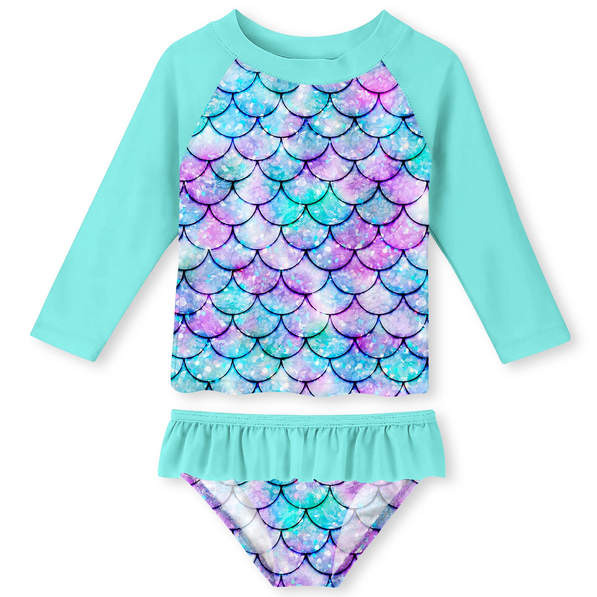 Lanbubble Toddler Girls Rash Guard Swimsuit Set Kids 2-Piece Bathing Suit UPF 50+ Long Sleeve Summer Beach Swimwear 2-9Y
