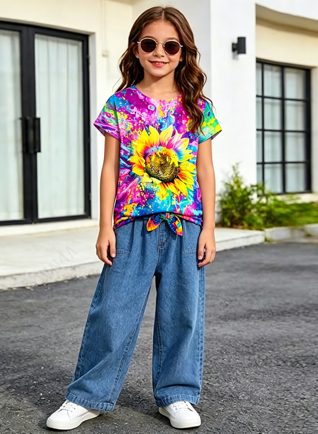 Lanbubble Girls Graphic T-Shirt Tie Dye Kids Short Sleeve Tee Shirt Tie Front Tops 7-12 Years