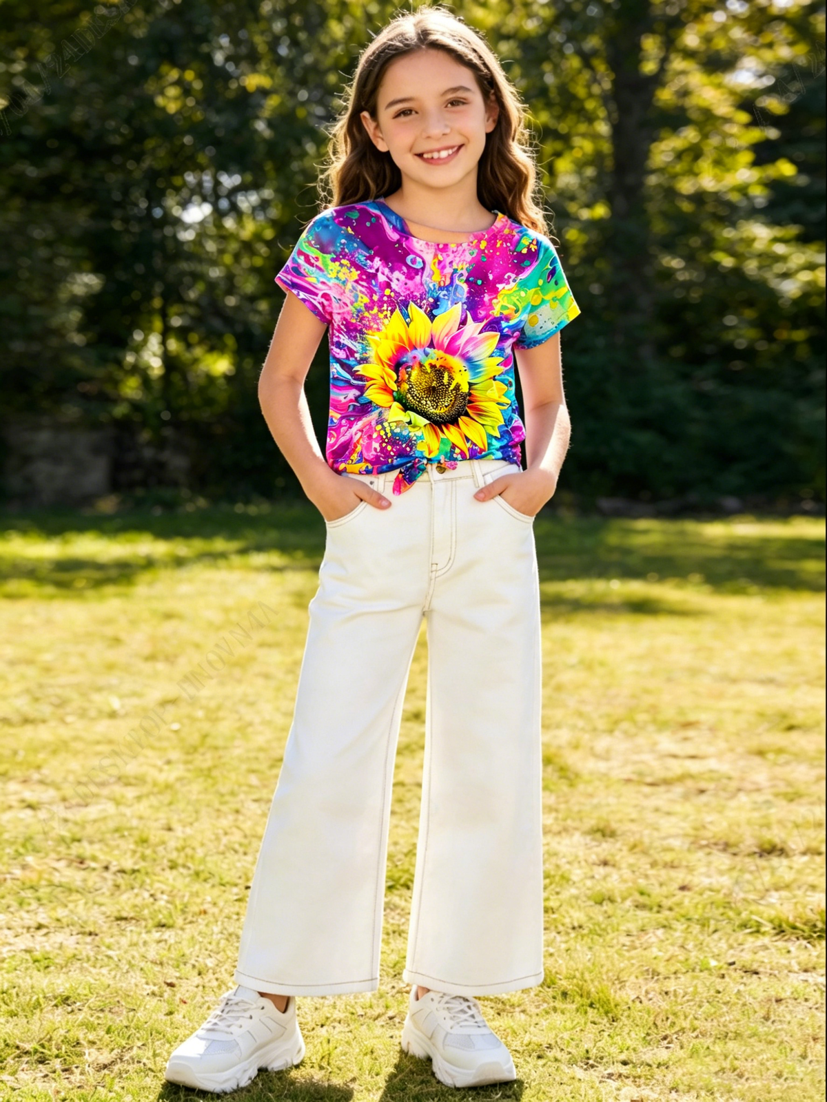 Lanbubble Girls Graphic T-Shirt Tie Dye Kids Short Sleeve Tee Shirt Tie Front Tops 7-12 Years