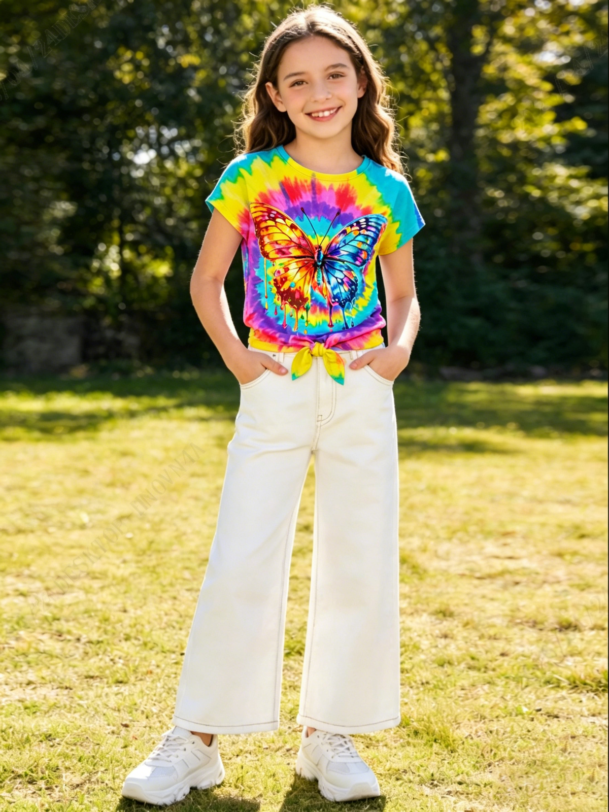 Lanbubble Girls Graphic T-Shirt Tie Dye Kids Short Sleeve Tee Shirt Tie Front Tops 7-12 Years
