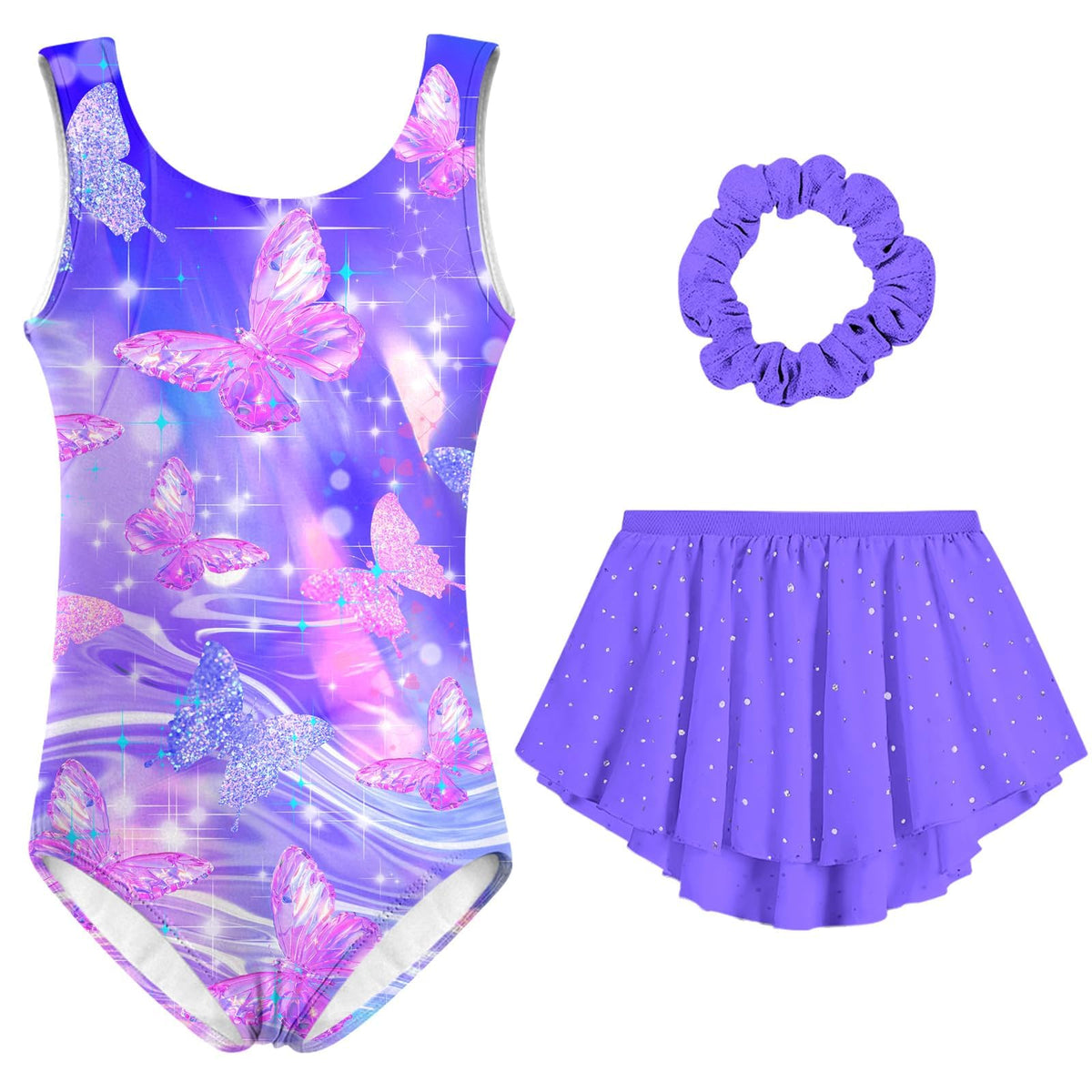 Lanbubble Girls Gymnastics Leotards Sleeveless Ballet Leotard for Girl Dance Outfit with Skirt Hair Scrunchie 5-9 Years