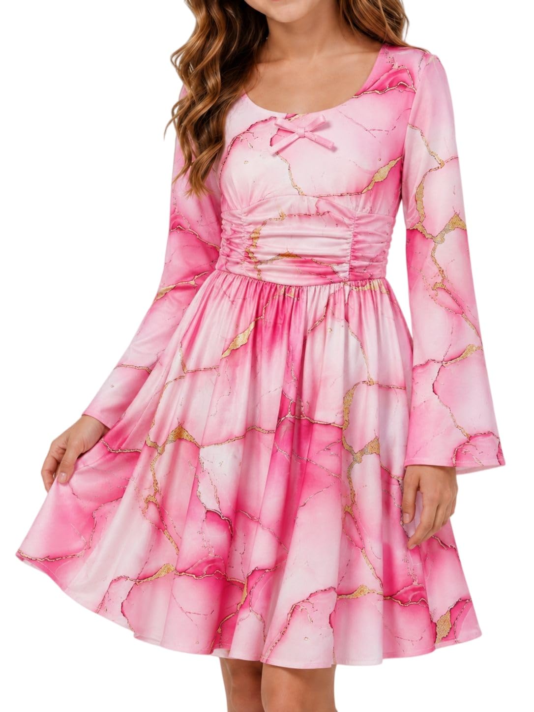 Lanbubble Girls Long Sleeve Dress Square Neck Bell Sleeve A-Line 7-14Y