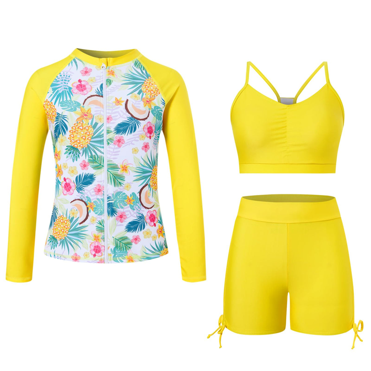 Lanbubble Girls Swimsuit 3-Piece Zip Long Sleeve Rash Guard Bathing Suits Bikini Boyshort Set Summer Swimwear 7-14Y