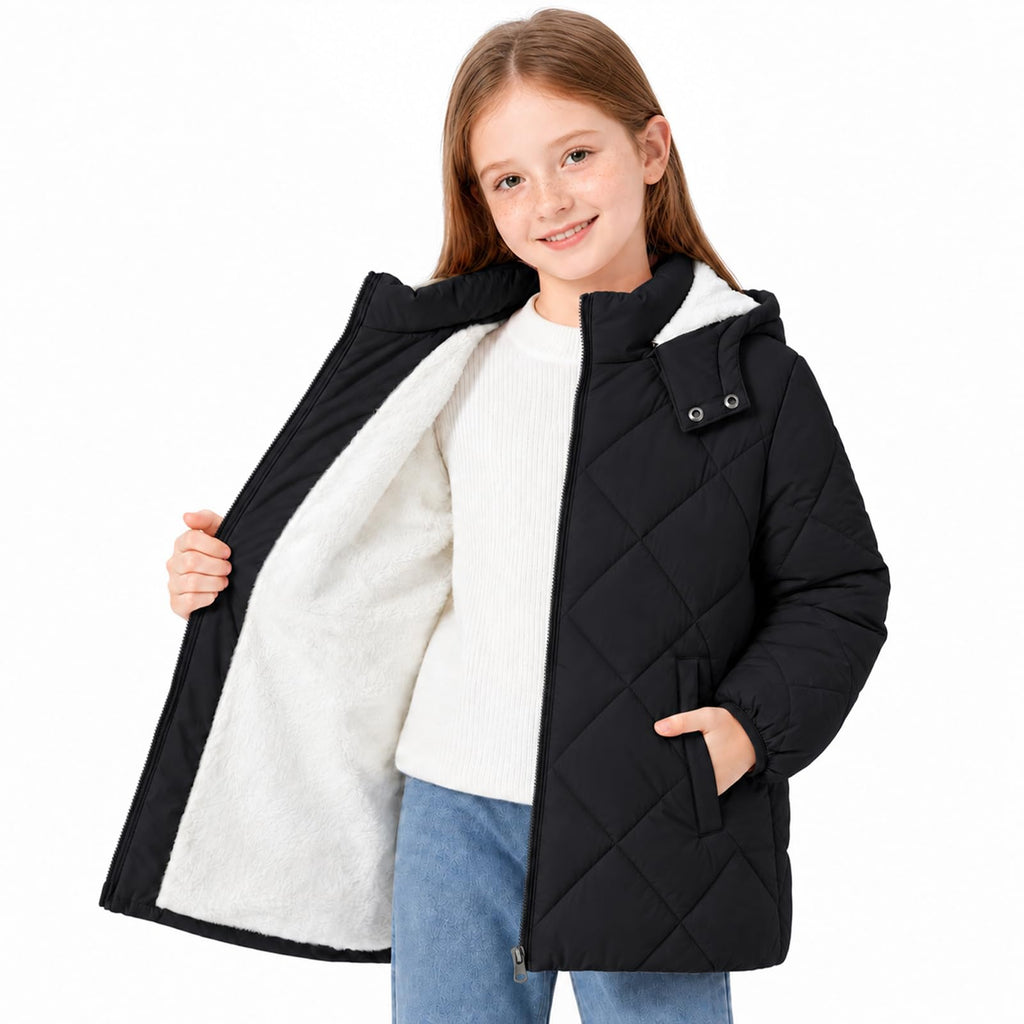 Lanbubble Girls Fleece Lined Hooded Puffer Jacket Winter Coat, Warm Outerwear with Pockets, Sizes 5-12 Years